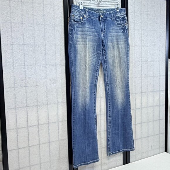 Maurices Low Rise Distressed Faded Flared Denim Jeans Medium Wash 11/12 L Bling - Picture 3 of 11